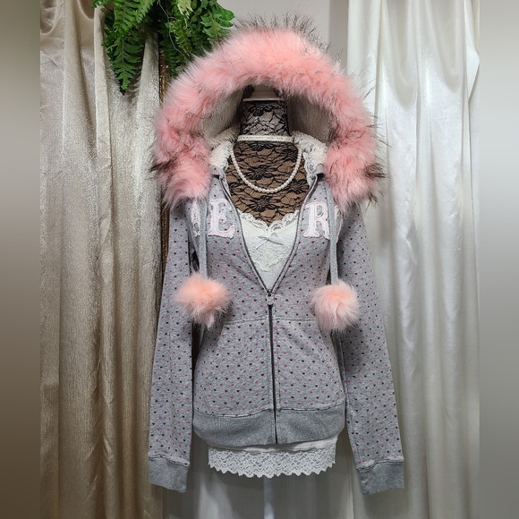 Aeropostale Jackets & Blazers - ♡ Y2K ♡ Aeropostale Heart Hoodie Baby Pink Fur Hood & Pompoms